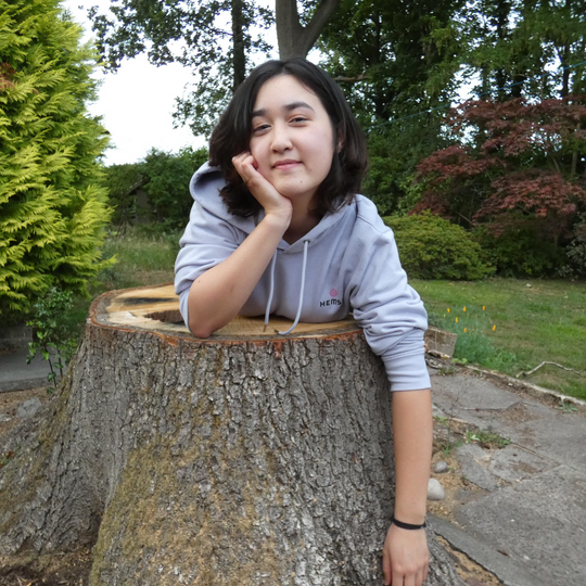 Person sitting inside a large tree stump in a garden setting